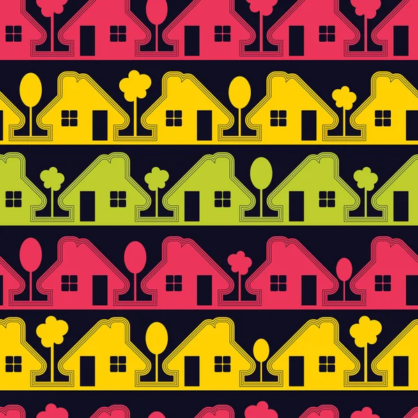 Casas coloridas sobre fondo negro - patrón sin costuras — Vector de stock