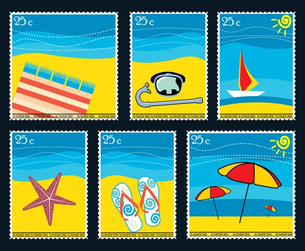 Seis sellos postales de verano — Archivo Imágenes Vectoriales