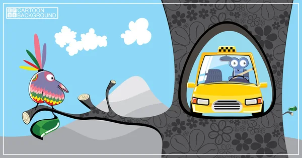 Imagen de dibujos animados con pájaro colorido y taxi amarillo en el árbol — Archivo Imágenes Vectoriales