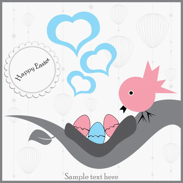 Cartolina di Pasqua con uccello e tre uova — Vettoriale Stock