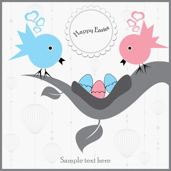 Postkarte mit zwei Vögeln und drei Eiern am Zweig — Stockvektor
