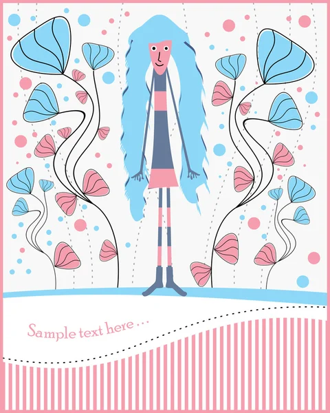 Postkarte mit Mädchen und dekorativen Blumen — Stockvektor