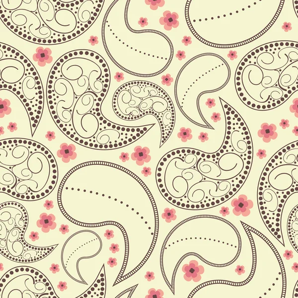 Dekorativa element och rosa blommor på gul bakgrund - sömlösa mönster — Stock vektor