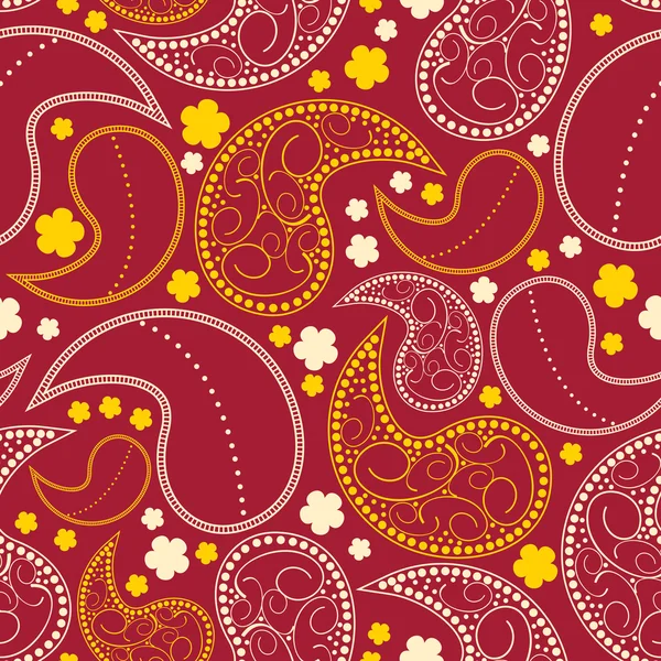 Dekorative bunte Elemente und Blumen auf rotem Hintergrund - nahtloses Muster — Stockvektor