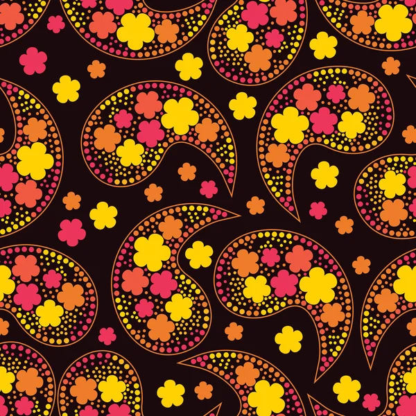 Elementos decorativos coloridos y flores sobre fondo negro - patrón sin costuras — Vector de stock