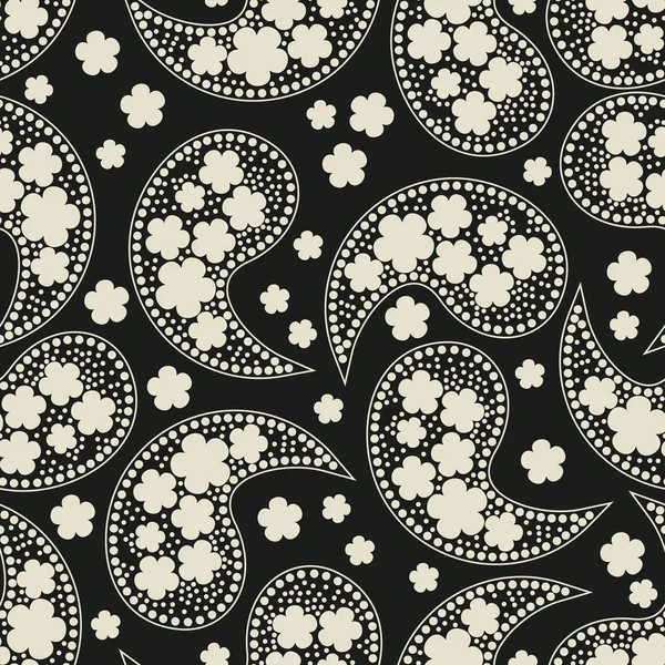 Éléments blancs décoratifs et fleurs sur fond noir - motif sans couture — Image vectorielle