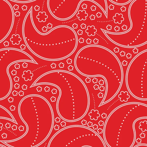 Dekorative weiße Elemente und Blumen auf rotem Hintergrund - nahtloses Muster — Stockvektor