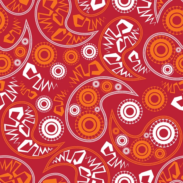 Decorative colorful elements and flowers on red background - seamless pattern — Stock Vector