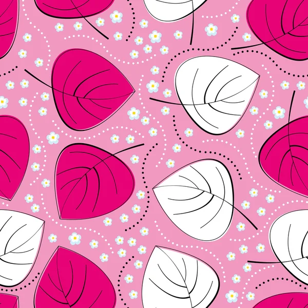 Decorative pink and white leafs on pink background - seamless pattern — Stock Vector