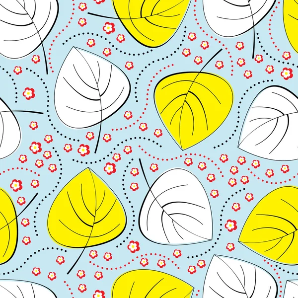 Folhas decorativas amarelas e brancas com pequenas flores no fundo azul padrão sem costura — Vetor de Stock