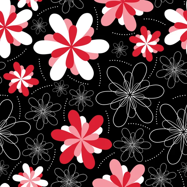 Dekorativa blommor på svart bakgrund - sömlösa mönster — Stock vektor