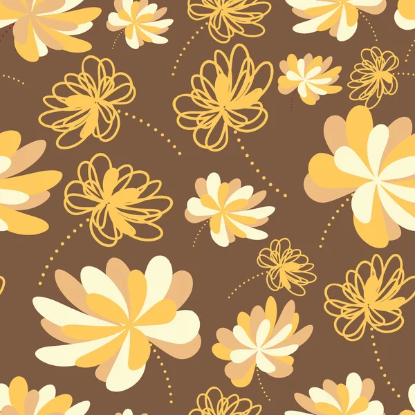 Flores decorativas sobre fondo marrón - patrón sin costuras — Vector de stock