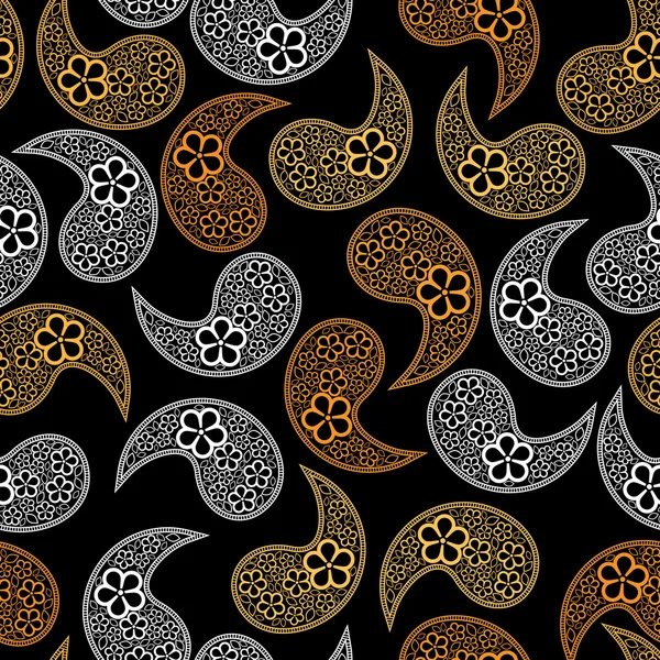 Éléments colorés décoratifs et fleurs sur fond noir - motif sans couture — Image vectorielle