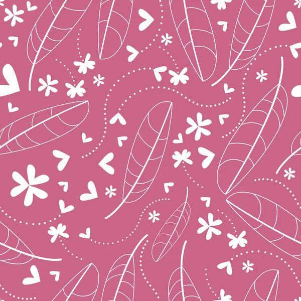 Decorative flowers and feathers on pink background seamless - pattern — Stock Vector