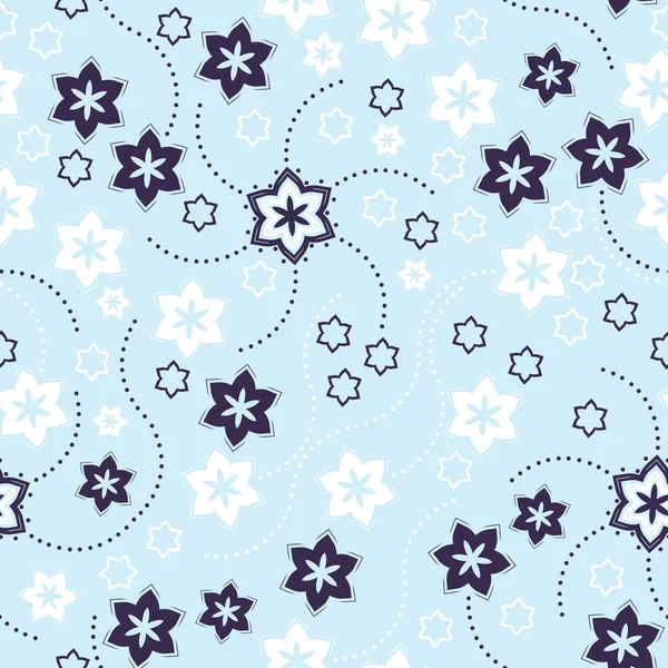 Dekorative weiße und blaue Blumen auf blauem Hintergrund - nahtloses Muster — Stockvektor