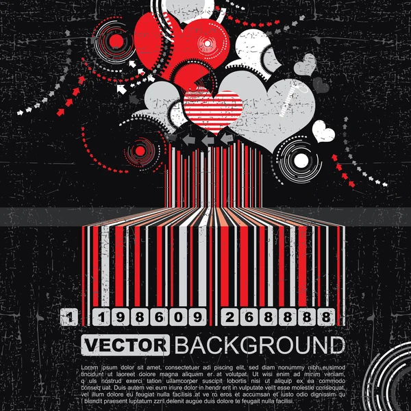 Grunge código de barras com corações - Vetor — Vetor de Stock