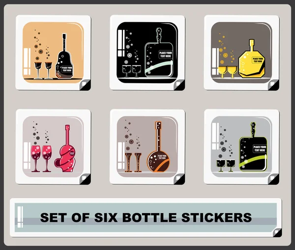 Conjunto de seis garrafas diferentes com adesivos de óculos — Vetor de Stock