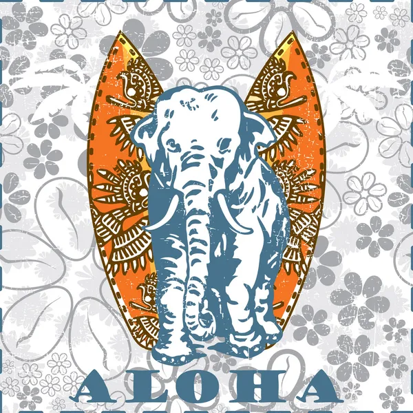 矢量冲浪板和大象 (tiki aloha 设计的矢量) — 图库矢量图片