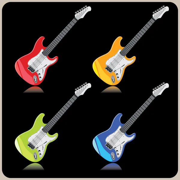 Four beautiful electric guitars on a black background — Stock Vector