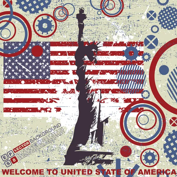 Standbeeld van vrijheid achtergrond over grunge Amerikaanse vlag — Stockvector