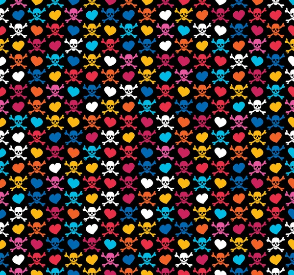 Crânes colorés sur fond noir - motif sans couture — Image vectorielle