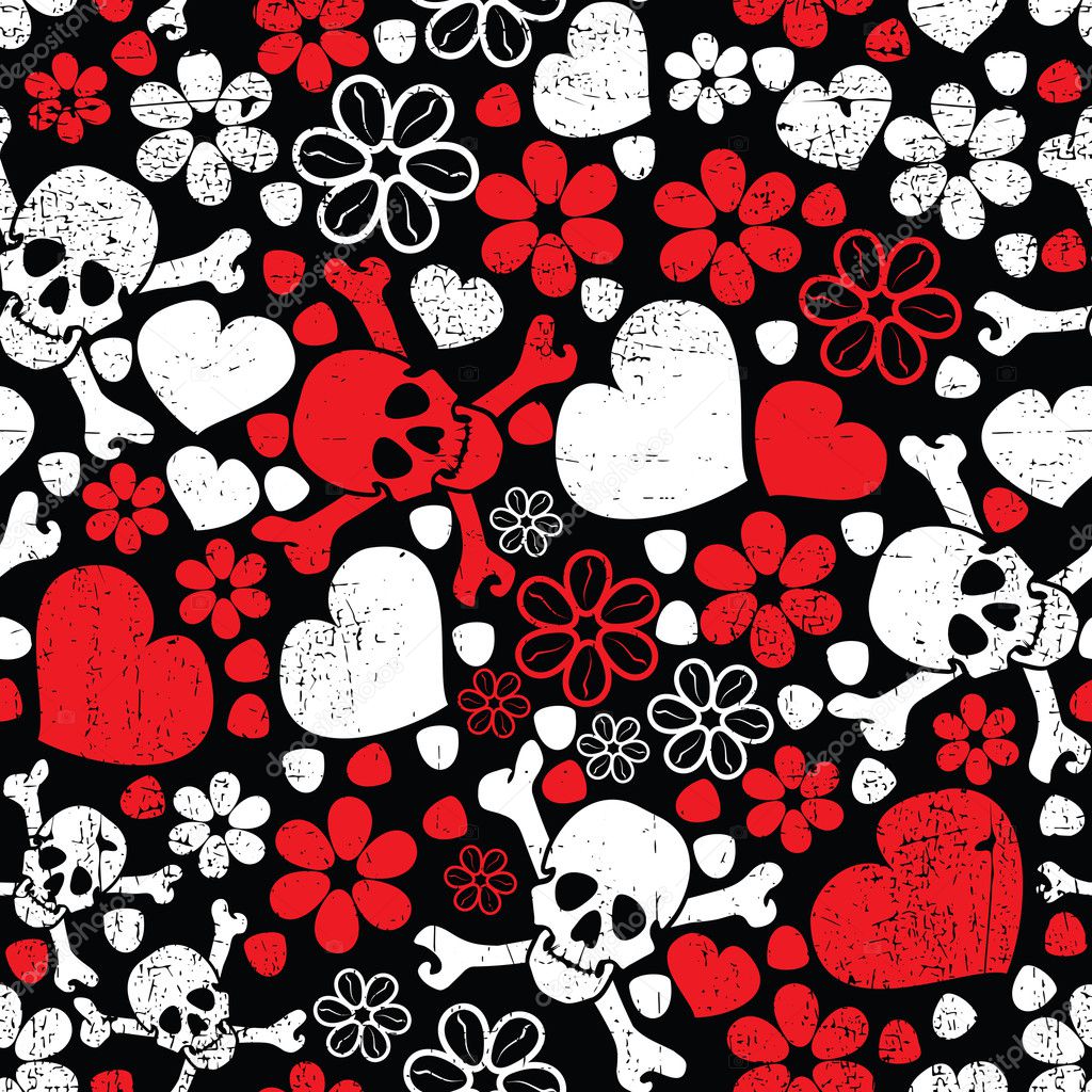 Red skulls in flowers and hearts on black background - seamless pattern