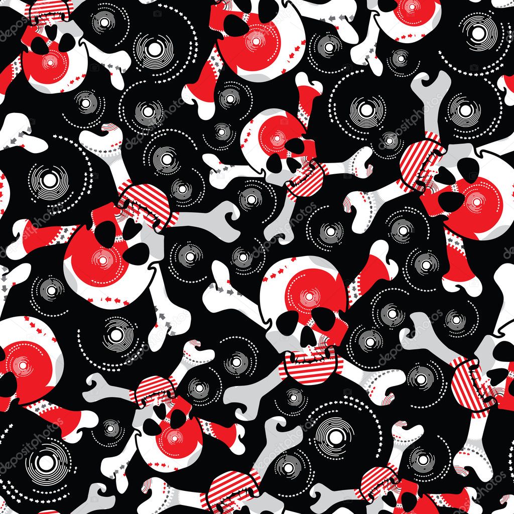 Skulls on black background - seamless pattern