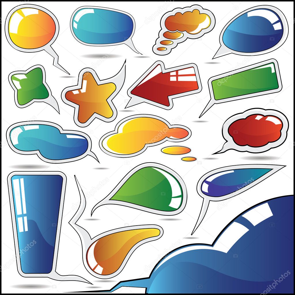 Set of eight colorful speech and thought bubbles