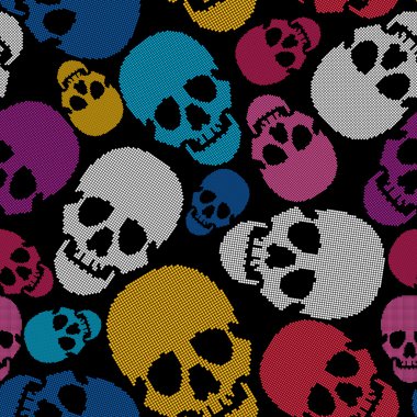 Colorful skulls on black background - seamless pattern clipart