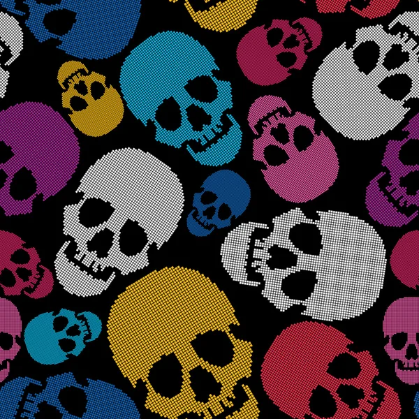 Colorful skulls on black background - seamless pattern — Stock Vector