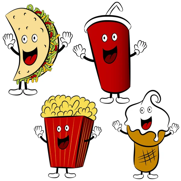 Fast food trattare le mascotte dei cartoni animati — Vettoriale Stock