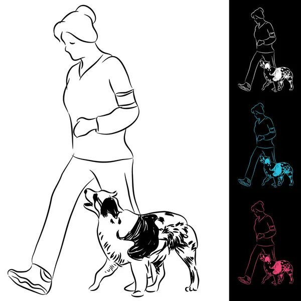 Trainer Walking Border Collie Dog — Stock Vector