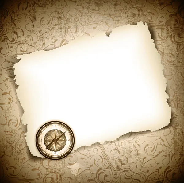 Старовинний компас на спаленому папері — стоковий вектор