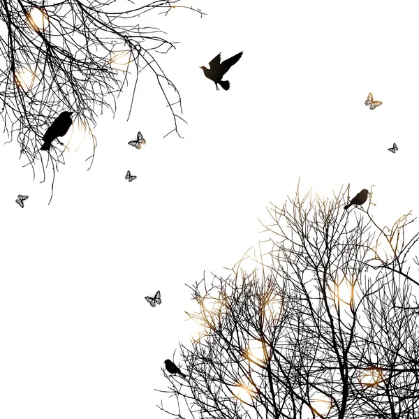 Silhuett av träd och fåglar — Stock vektor
