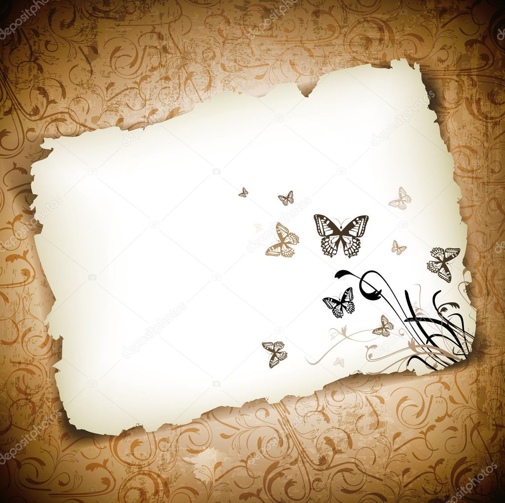 Butterflies at paper over grunge background