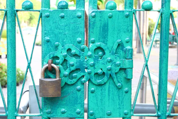公共の公園の古い南京錠の金属製のドア. — ストック写真