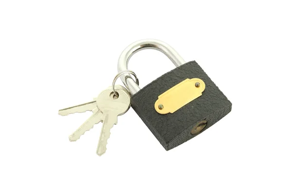 Old black padlock with key on white background. — Stock Photo, Image
