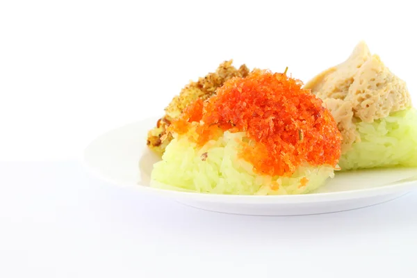 Γαρίδες άλεσμα και ζάχαρη στο πιάτο πράσινο κολλώδες ρύζι. — Φωτογραφία Αρχείου