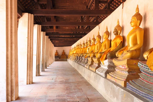 Rij- en pijler gouden standbeeld van Boeddha in de schaduw van de kerk. — Stockfoto