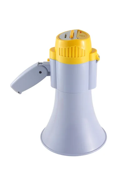 Yellow and gray megaphone turn upside down on white background. — Stock Photo, Image
