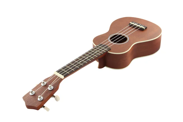 Liten gitarr (ukulele) fokus hals på vit bakgrund. — Stockfoto