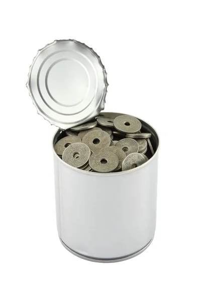 Ancient coin in tin can on white background. — Stock Photo, Image