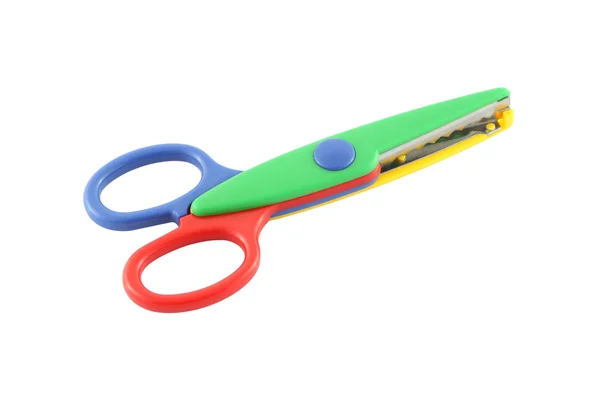 Více barevné umělohmotné nůžky zavřené na bílém pozadí. — Stock fotografie