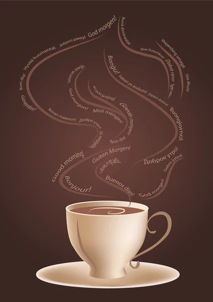 咖啡和在不同的语言早上好 — 图库矢量图片