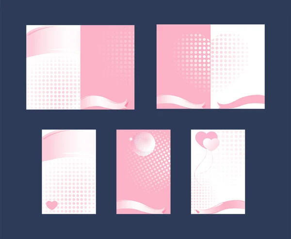 Set di carte Nastri Cuore Rosa e sfondo bianco — Vettoriale Stock