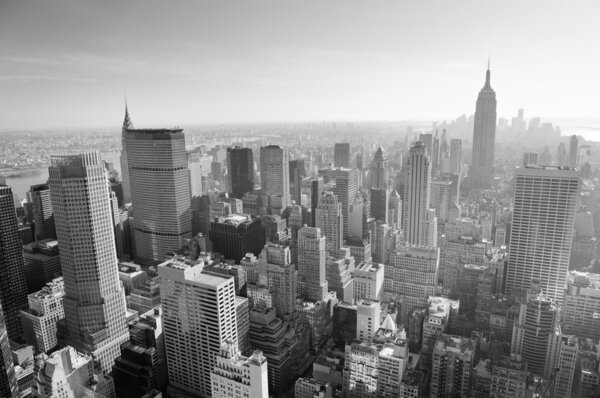 New York City skyline black and white in midtown Manhattan aerial panorama view in the day.