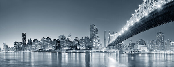 Queensboro Bridge over New York City East River black and white at night with river reflections and midtown Manhattan skyline illuminated.