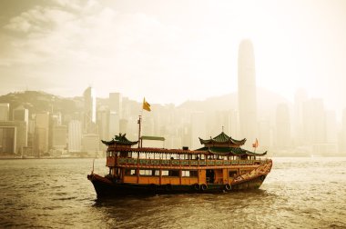 Hong Kong skyline with boats clipart