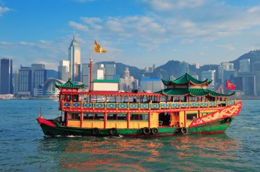 Hong Kong skyline with boats clipart