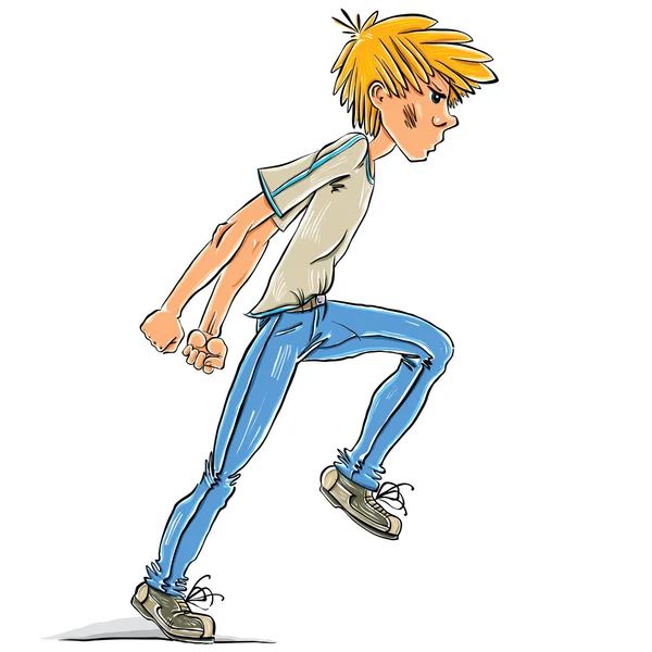 Boos tiener jongen wandelen met vuisten gebalde vector cartoon. — Stockvector